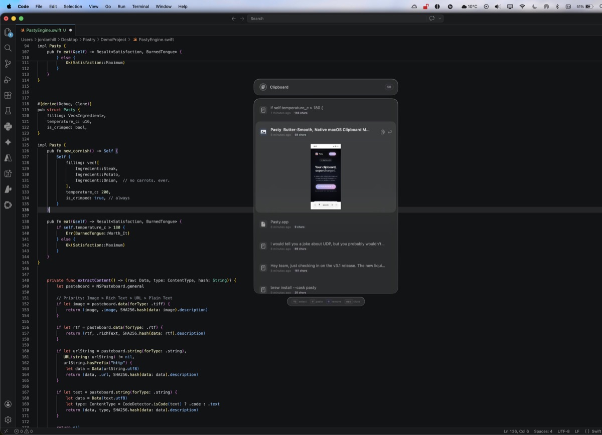 Pasty macOS clipboard manager native hotbar copying infinite media formats like images and apps
