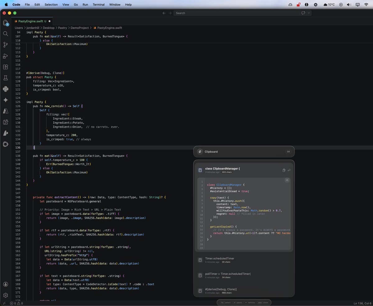 Pasty native Mac clipboard hotbar pinned to workspace for continuous pasting